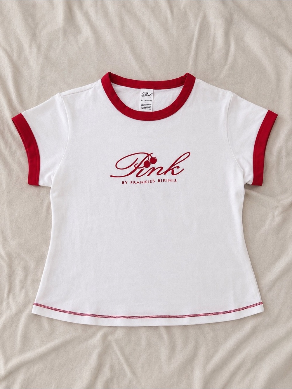 PINK by Victoria's Secret White Short Sleeve Ringer Tee with Red Accents